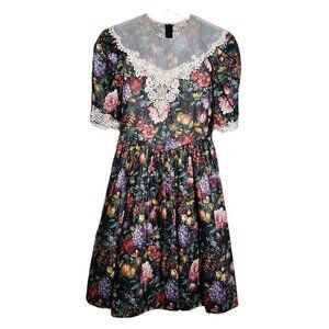 Vintage Jayne Copeland Floral Bib Dress Cotton Black Party Girls 14